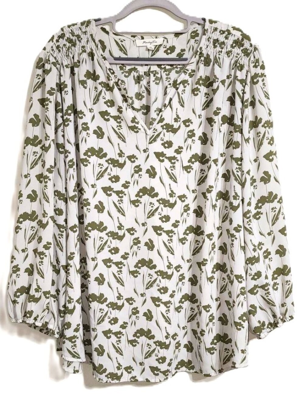 Monday Fun 3X Olive Floral Smocked Shoulder Blouse